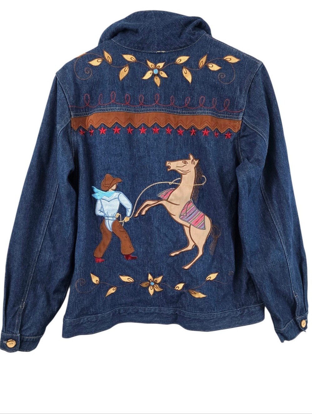 Vintage 1987 Rodeo RoughRider Jean Denim Button Jacket Y2K Embroidered Shirt Med